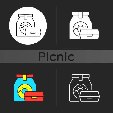 Take away food dark theme icon. Packaging designs. Meal storage. Eco-friendly, biodegradable bag. Outdoor summer lunches. Linear white, simple glyph and RGB color styles. Isolated vector illustrations vector