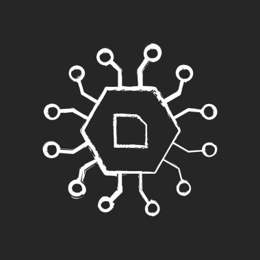 Bilgisayar bileşenleri siyah arkaplanda beyaz tebeşir simgesi oluşturur. Mikroişlemci kullanımı olan modern akıllı cihazlar yapmak için elektrik parçaları. İzole edilmiş vektör karatahta çizimi