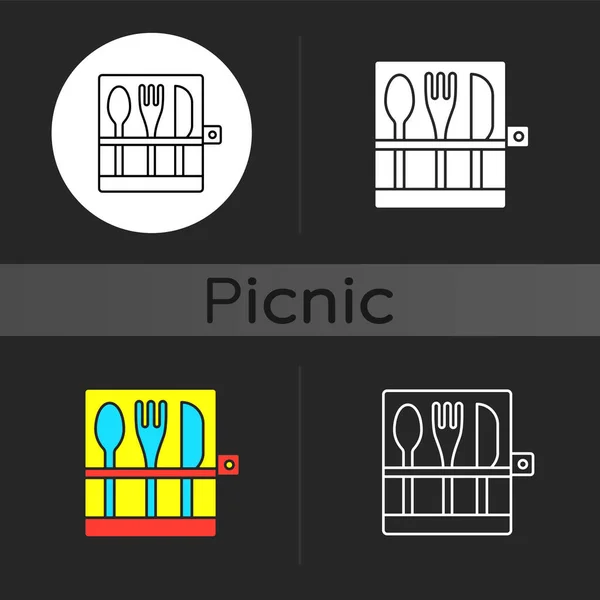 野餐餐具黑暗的主题图标 勺子和叉子户外午餐用的环保 可生物降解物品 线性白色 简约的字形和Rgb颜色风格 孤立的病媒图解 — 图库矢量图片
