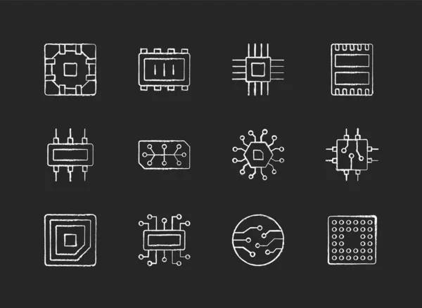 Microcircuits Krijt Witte Pictogrammen Ingesteld Zwarte Achtergrond Moderne Microcomponenten Ontwerpen — Stockvector