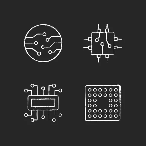 Microcircuits Icônes Blanc Craie Mis Sur Fond Noir Types Prise — Image vectorielle