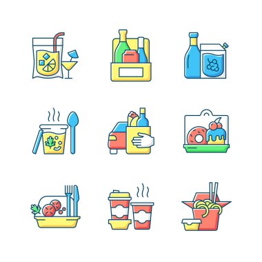 Alma ve teslim seçeneği RGB renk simgeleri ayarlandı. Buzlu içecekler. Şarap, bira, içki. Kalın, kremalı çorbalar. Yemek kaldırım kenarı pikabı. Pastalar, tatlılar. Sağlıklı salatalar. - Kahve. İzole vektör çizimleri