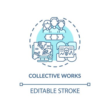 Toplu çalışma konsepti ikonu. Telif hakkı hukuk fikri ince çizgi çizimi. Toplanarak bir bütün oluşturun. Periyodik sayı, ansiklopedi. Vektör izole edilmiş RGB renk çizimi. Düzenlenebilir vuruş