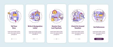 Konseptli mobil uygulama sayfası ekranındaki istifa kontrol listesi. İş, ipuçlarını beş aşamalı grafiksel talimatlar arasında gezdiriyor. UI, UX, doğrusal renk çizimleri olan GUI vektör şablonu