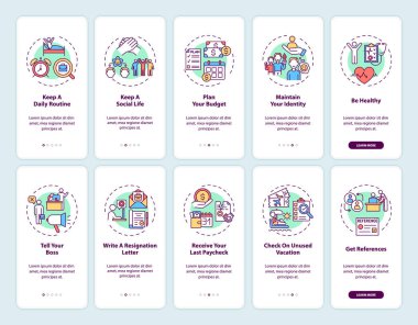 Mobil uygulama sayfasında kavramlarla birlikte iş geçişi. İş değişikliği, beş aşamalı grafik talimatları gözden geçirir. UI, UX, doğrusal renk çizimleri olan GUI vektör şablonu