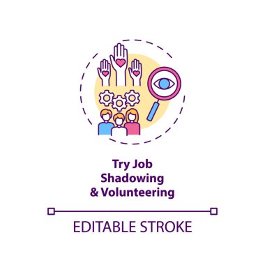 Gönüllü konsept ikonunu gölgelemeyi dene. Profesyonelce yapılmış ince çizgi çizimlerini takip et. Serbest faaliyetleri tanımla. Vektör izole edilmiş RGB renk çizimi. Düzenlenebilir vuruş