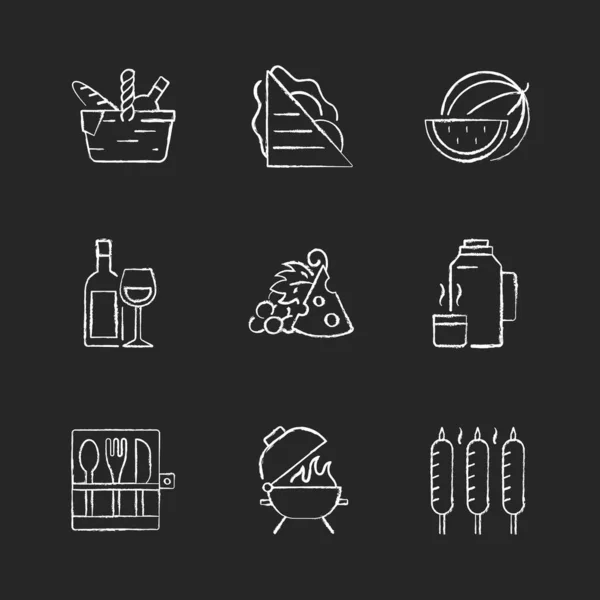 Garden Party Chalk White Icons Set Black Background Picnic Basket — Stock Vector