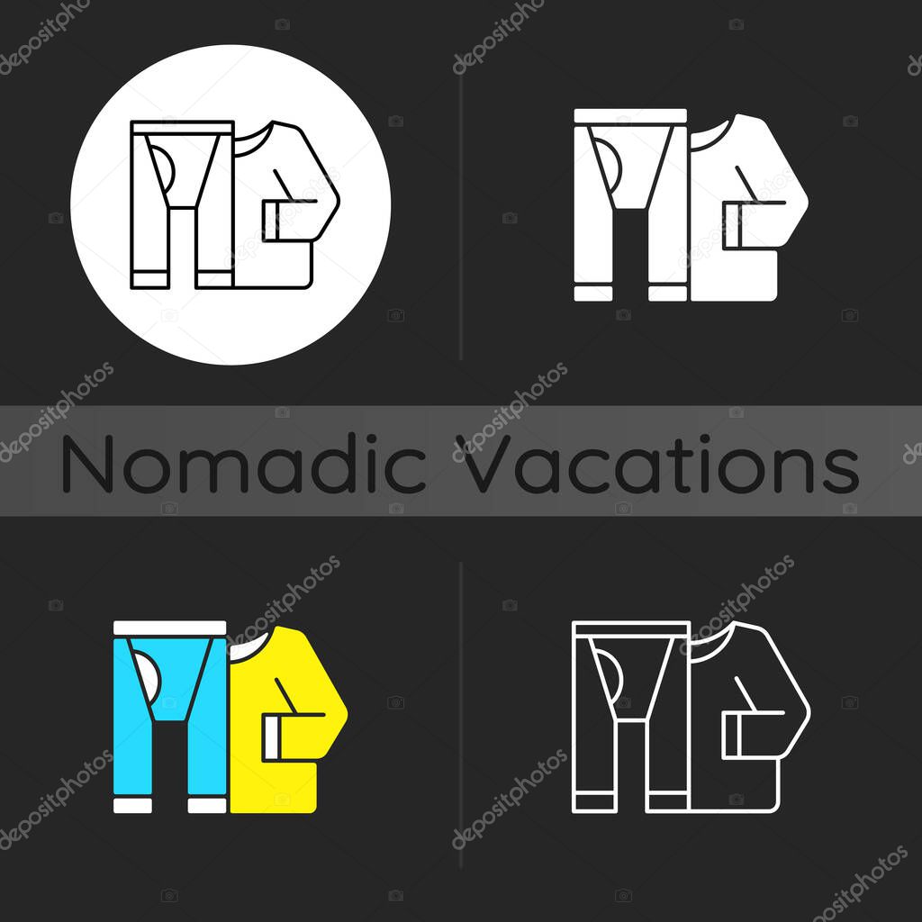 Thermal underwear dark theme icon. Sportswear and thermo clothing. Leggins and shirt for tourist. Nomadic lifestyle. Linear white, simple glyph and RGB color styles. Isolated vector illustrations