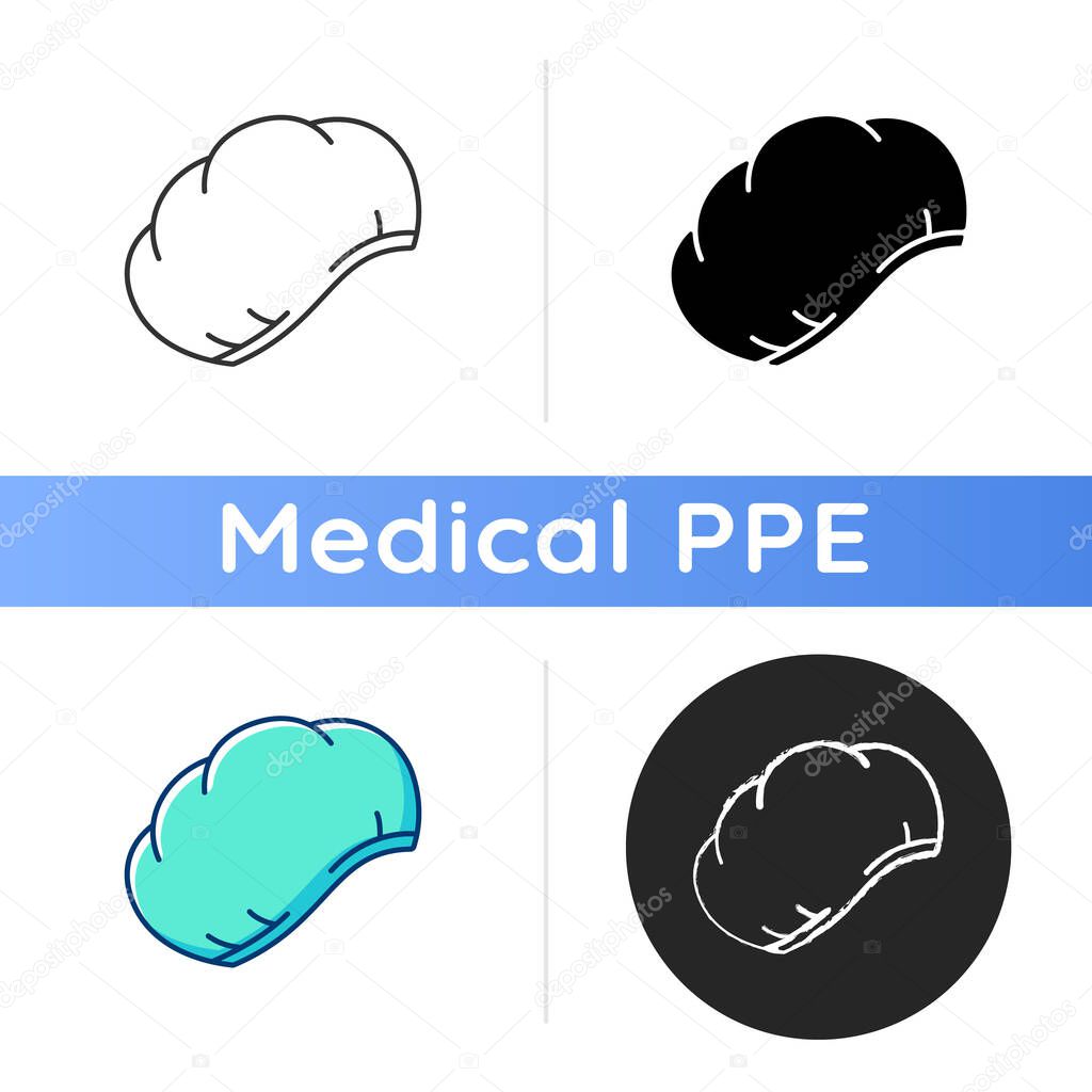 Disposable surgical cap icon. Protective wear for head. Doctor uniform. Sterile nurse suit. Quarantine safety. Disposable PPE. Linear black and RGB color styles. Isolated vector illustrations