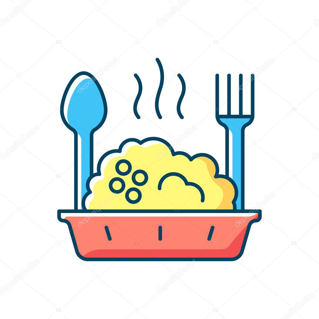 Takeaway porridge bowl RGB color icon. Balanced, filling breakfast. Takeout oat cuisine. Carbohydrates, protein and fibre mix. Restoring healthy gut bacteria. Isolated vector illustration