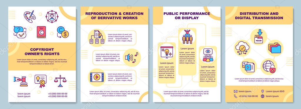 Copyright owners rights brochure template. Reproduction. Flyer, booklet, leaflet print, cover design with linear icons. Vector layouts for presentation, annual reports, advertisement pages