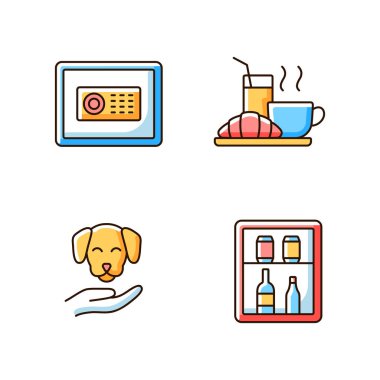 Otel servisleri RGB renk simgeleri ayarlandı. Mini bar müşterilerin otel odalarına yerleştirilmiş küçük bir buzdolabıdır. Para ve eşya depolamak için güvenli. İzole vektör çizimleri