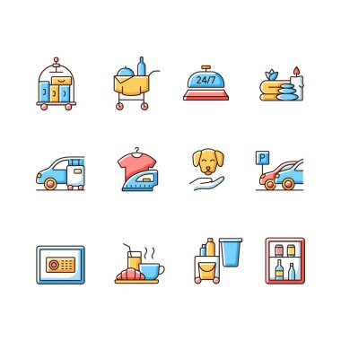 Otel servisleri RGB renk simgeleri ayarlandı. Otel ziyaretçilerinin öğle yemeğinde ne yiyeceklerini seçmeleri için oda servisi. Odaları temiz tutmak için temizlik servisi. İzole vektör çizimleri