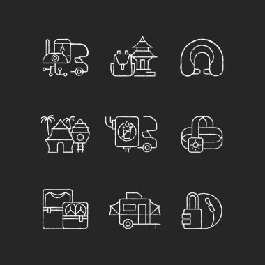 Roadtrip chalk white icons set on black background. Travel equipment. Spiritual nomad. Resort for tourists. Recreational getaway. Summer vacation. Isolated vector chalkboard illustrations vector Roadtrip chalk white icons set on black background. Travel equipment. Spiritual nomad. Resort for tourists. Recreational getaway. Summer vacation. Isolated vector chalkboard illustrations vector