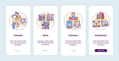 Mobil uygulama sayfası ekranındaki konseptli telif hakkı nesneleri. Sanat eserleri, müzik, edebiyat, dört aşamalı grafik talimatlar. UI, UX, doğrusal renk çizimleri olan GUI vektör şablonu