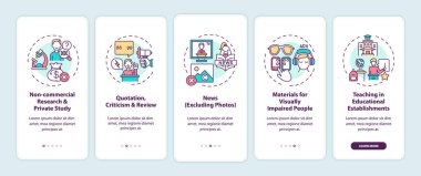 Mobil uygulama sayfası ekranındaki konseptlerle telif hakkı istisnaları. Özel araştırma, 5 aşamalı grafik talimatları gözden geçir. UI, UX, doğrusal renk çizimleri olan GUI vektör şablonu
