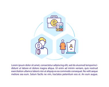 Yazılı zenginlik yönetimi konsepti simgeleri. Kopya uzayı ile PPT sayfa vektör şablonu. Broşür, dergi, gazete tasarımı. Beyazlar üzerinde zengin doğrusal çizimler haline geliyor