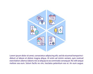 Metinli emlak planlama konsepti simgeleri. Kopya uzayı ile PPT sayfa vektör şablonu. Broşür, dergi, gazete tasarımı. Beyazın finansal varlık doğrusal çizimleri alınıyor