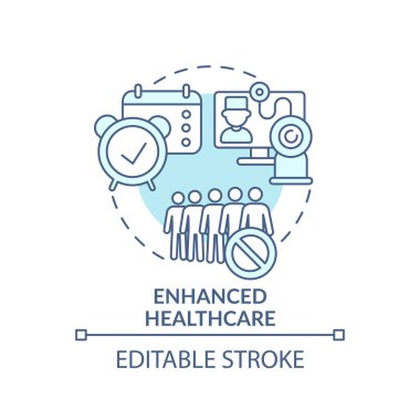 Gelişmiş sağlık hizmeti turkuaz konsept ikonu. Çevrimiçi tıbbi hizmetler. E sağlık, teletıp. Dijital kapsama fikri ince çizgi çizimi. Vektör izole edilmiş RGB renk çizimi. Düzenlenebilir vuruş