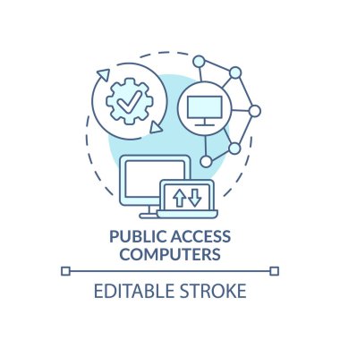 Halka açık bilgisayarlar, turkuaz konsept simgesi. Erişilebilir teknoloji. Dijital kapsama geliştirme fikri ince çizgi çizimi. Vektör izole edilmiş RGB renk çizimi. Düzenlenebilir vuruş