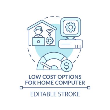 Ev bilgisayarı turkuaz konsept simgesi için düşük maliyetli seçenekler. Ucuz kişisel bilgisayar. Dijital kapsama fikri ince çizgi çizimi. Vektör izole edilmiş RGB renk çizimi. Düzenlenebilir vuruş