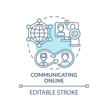 Çevrimiçi turkuaz konsept simgesi ile iletişim kuruyorum. İnternet sohbeti. Uzaktan buluşma, iletişim. Dijital kapsama fikri ince çizgi çizimi. Vektör izole edilmiş RGB renk çizimi. Düzenlenebilir vuruş