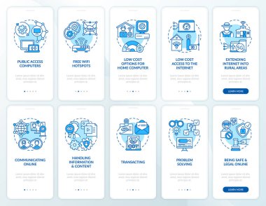 Dijital kapsama mavi, mobil uygulama sayfası ekranında kavramları ayarlı. Dijitalleştirme 5 adım grafik talimatları. UI, UX, doğrusal renk çizimleri olan GUI vektör şablonu