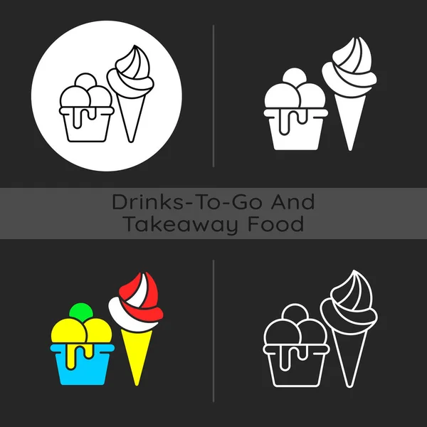 冰淇淋成为黑暗的主题图标 冷冻治疗分娩 Gelato和Sorbet 无奶类产品 冻甜点 线性白色 简约的字形和Rgb颜色风格 孤立的病媒图解 — 图库矢量图片