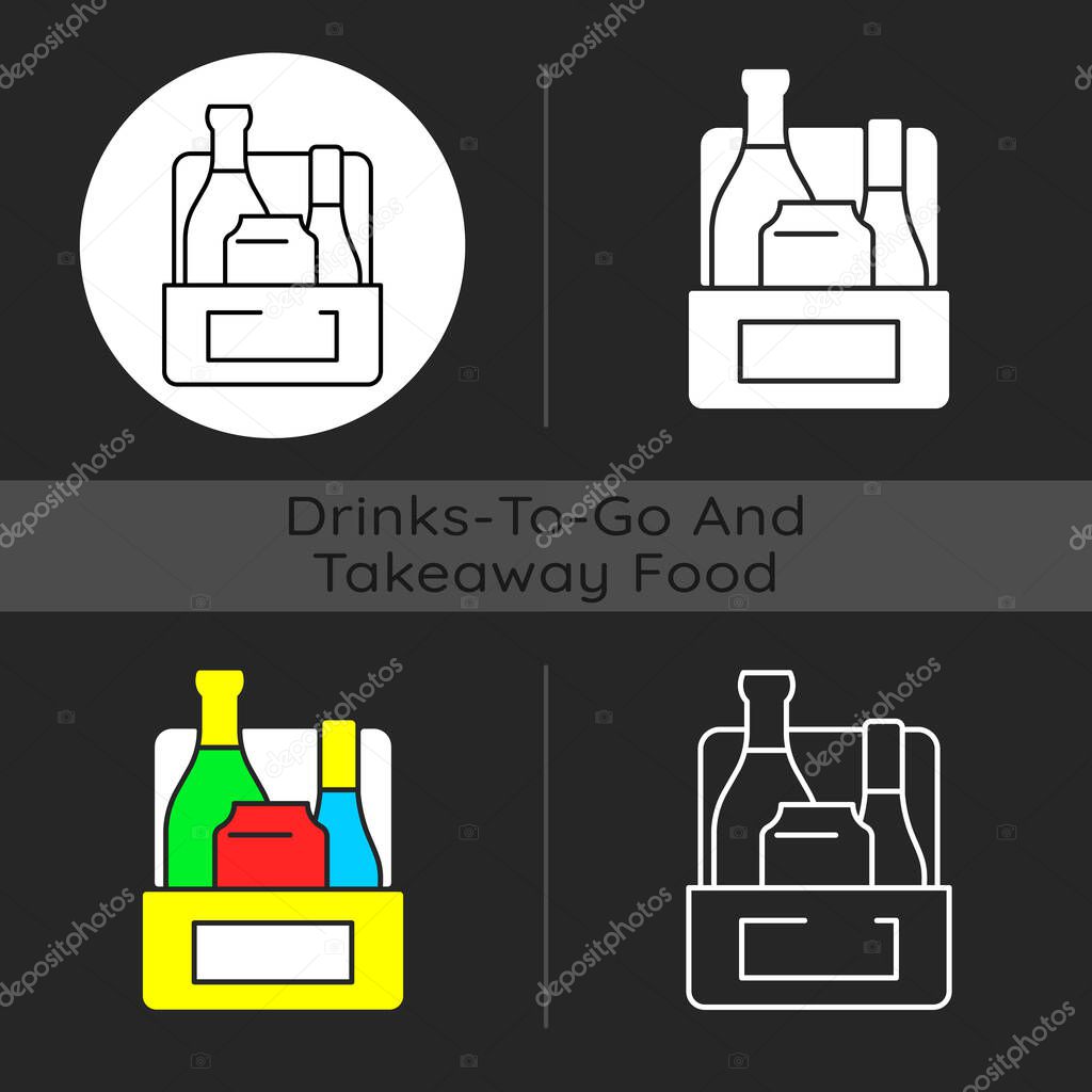 Alcoholic drink to go dark theme icon. Wine, beer, spirits and liquor. Mixed beverages, cocktails. Restaurant, brewery. Linear white, simple glyph and RGB color styles. Isolated vector illustrations