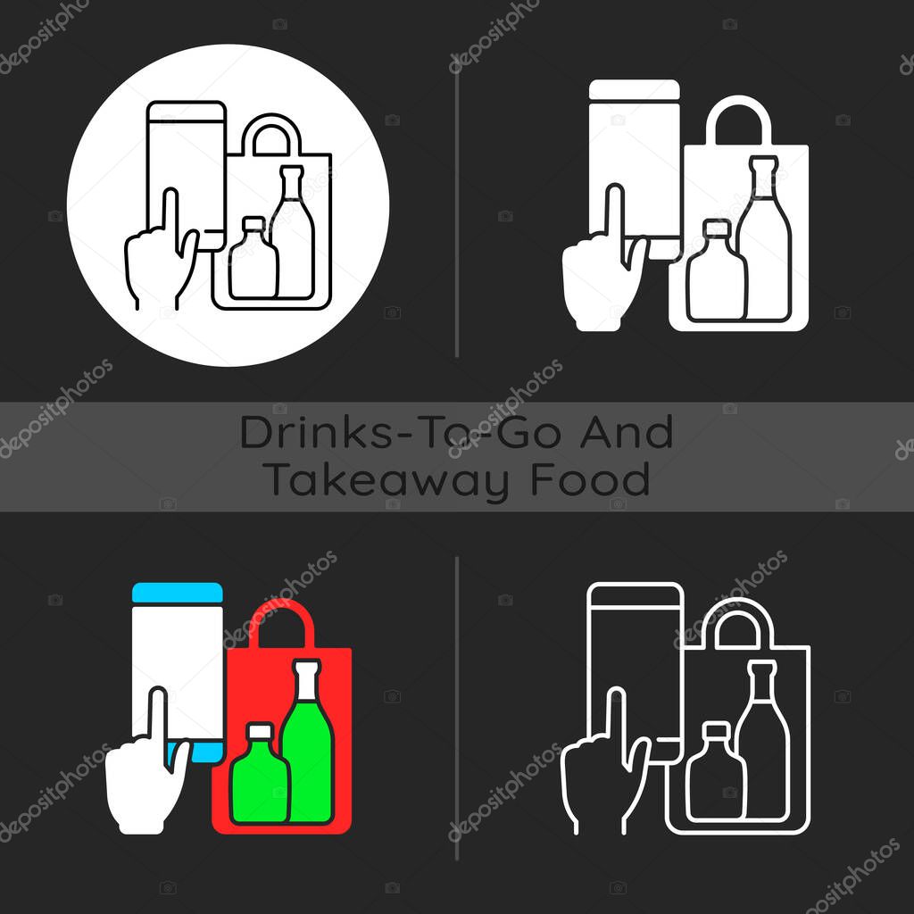 Phone drinks ordering dark theme icon. Click-and-collect option. Delivery from bar. Mobile-based ordering system. Linear white, simple glyph and RGB color styles. Isolated vector illustrations