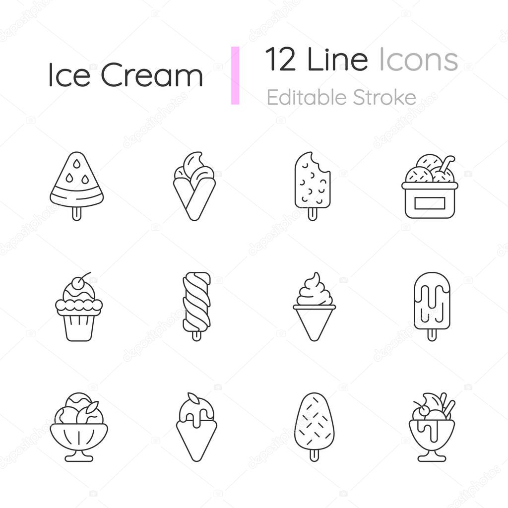 Ice cream varieties linear icons set. Watermelon shape on stick. Soft serve. Creamy dessert. Sorbet. Customizable thin line contour symbols. Isolated vector outline illustrations. Editable stroke