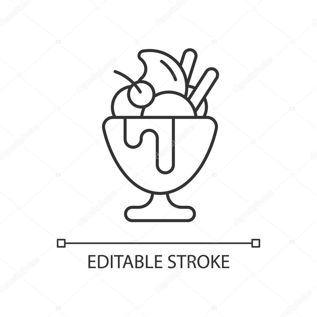 Frozen yogurt linear icon. Sweetened frozen dessert. Parfait. Decoration with various toppings. Thin line customizable illustration. Contour symbol. Vector isolated outline drawing. Editable stroke