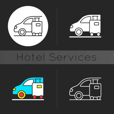 Koyu tema simgesini aktar. Transfer, müşterinin havaalanından ya da varış noktasından otelinize ulaşma yöntemine göre yapılır. Lineer beyaz, basit kabartma ve RGB renk stilleri. İzole vektör çizimleri