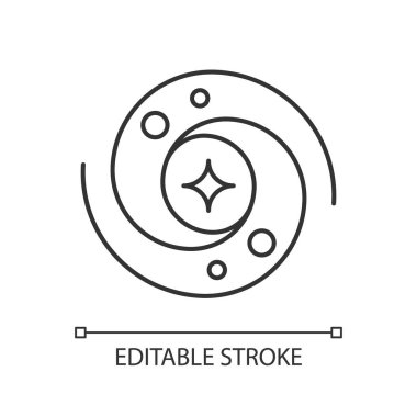 Galaksi doğrusal simgesi. YıIdızların ve gezegenlerin kütle çekimine bağlı sistemi etrafında dönüyor. İnce çizgi özelleştirilebilir illüstrasyon. Contour sembolü. Vektör izole çizim. Düzenlenebilir vuruş