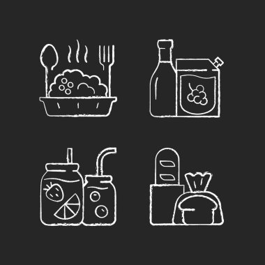 Takeaway and delivery option chalk white icons set on black background. Porridge bowl. Red and white wine. Fruit-infused water bottle. Fresh bread. Isolated vector chalkboard illustrations vector
