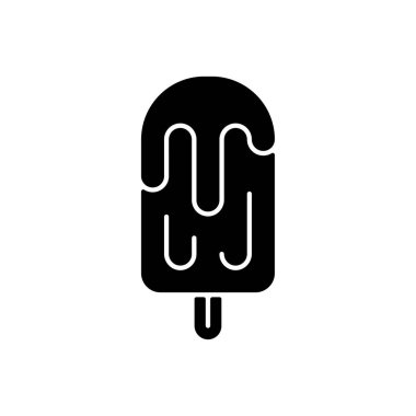 Meyve suyu buzu siyah kabartma simgesi. Atıştırmalık. Donmuş su ve konsantre portakal suyu. Beynim dondu. Kremalı buzlu dondurma. Beyaz uzayda siluet sembolü. Vektör izole illüstrasyonu