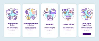 Mobil uygulama sayfası ekranında kavramlarla birlikte gerekli dijital beceriler. Bilgi teknolojisi 5 aşamalı grafik talimatları gözden geçiriyor. UI, UX, doğrusal renk çizimleri olan GUI vektör şablonu