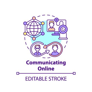 Çevrimiçi konsept simgesi ile iletişim. İnternet sohbeti. Uzaktan görüşme. Küresel iletişim Dijital kapsama fikri ince çizgi çizimi. Vektör izole edilmiş RGB renk çizimi. Düzenlenebilir vuruş