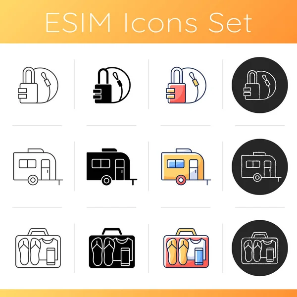 Vacation Icons Set Travel Padlock Caravan Trailer Minimalist Mindset Clothing — Stock Vector