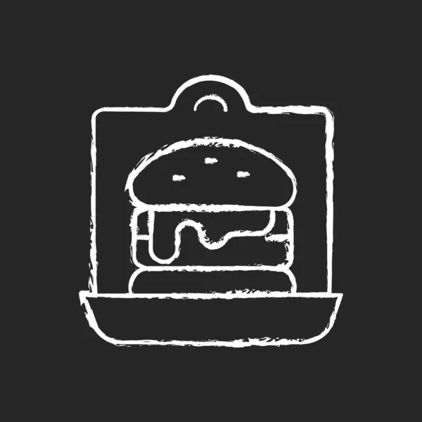 黒を背景に テイクアウトのサンドイッチやハンバーガーチョークホワイトのアイコン 2つのパンスライスの間のサラダと肉 ファーストフードレストラン 調理されたパテ 絶縁ベクトルチャークボードイラスト — ストックベクタ
