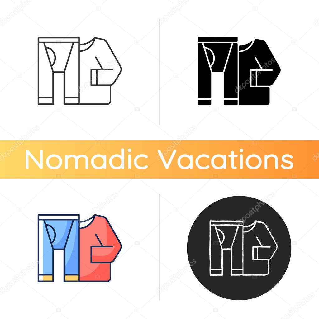 Thermal underwear icon. Sportswear and thermo clothing. Leggins and shirt for tourist. Roadtrip gear. Nomadic lifestyle. Linear black and RGB color styles. Isolated vector illustrations