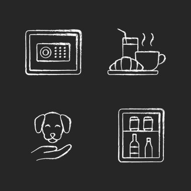 Otel servisleri siyah arkaplanda beyaz simgeler oluşturdular. Mini bar, müşteri otel odalarına yerleştirilmiş küçük bir buzdolabıdır. Para ve eşya depolamak için güvenli. İzole edilmiş vektör karatahta çizimleri