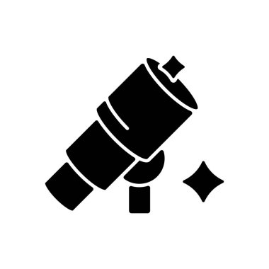 Teleskop siyah kabartma simgesi. Gökbilimcilerin uzay cisimlerini gözlemlemesi için lensleri olan optik bir cihaz. Yeni gezegenleri ve yıldızları keşfediyorum. Beyaz uzayda siluet sembolü. Vektör izole illüstrasyonu