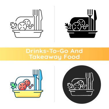 Paket salata ikonu. Sağlıklı yemek teslimatı. Yeşil, deniz ürünleri, et salatası. Çiğ sebze, sebze karışımı. Az kalorili yemek. Lineer siyah ve RGB renk stilleri. İzole vektör çizimleri