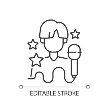 K lineer simgesi. Müzisyen performansı. Popüler şarkıcı. Grup şarkıcısı. Kore kültürü. İnce çizgi özelleştirilebilir illüstrasyon. Contour sembolü. Vektör izole çizim. Düzenlenebilir vuruş