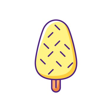 Üzerine RGB renk ikonu serpiştirilmiş vanilyalı dondurma. Donmuş çikolatalı tatlıya doku ekliyorum. Yumuşak servis. Sütlü çikolata aromalı. Zirve, dekoratif unsur. Soğuk muamele. İzole vektör illüstrasyonu