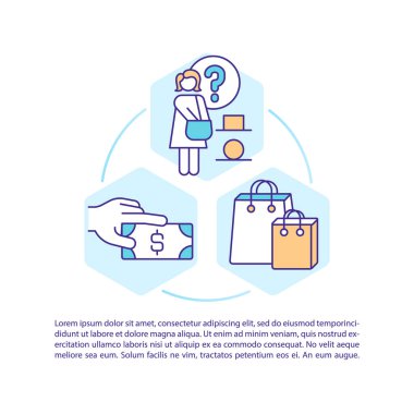 Tüketici karar stilleri, metin içeren konsept satır simgeleri. Kopya uzayı ile PPT sayfa vektör şablonu. Broşür, dergi, gazete tasarımı. Beyaz üzerinde doğrusal çizimler satan ürünler