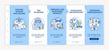 Kapsamlı zenginlik planı vektör şablonunda yer alıyor. Simgeli ilgili mobil web sitesi. Web sayfasında 5 basamaklı ekranlar. Doğrusal çizimlerle kişisel, yatırım özellikleri renk kavramı