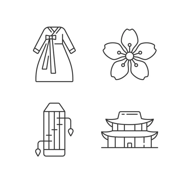 Корейские Этнические Символы Линейно Установлены Одежда Ханбок Цветок Вишни Музыкальный — стоковый вектор