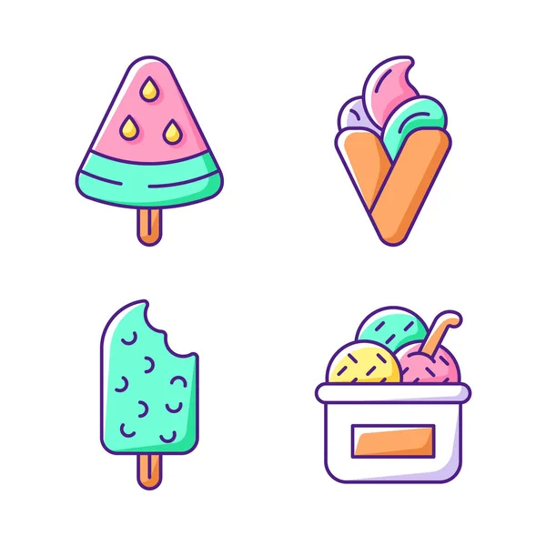 Ice Cream Types Rgb Color Icons Set Watermelon Shape Stick — Stock Vector